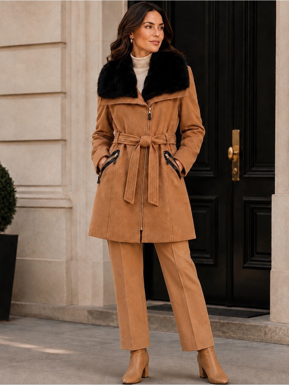 VIA SPIGA KATE FAUX FUR COLLAR WOOL BLEND BELTED TRENCH COAT SZ 14